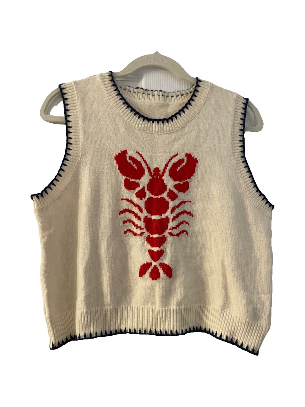Cream Knit Lobster Sweater Vest with Red Motif